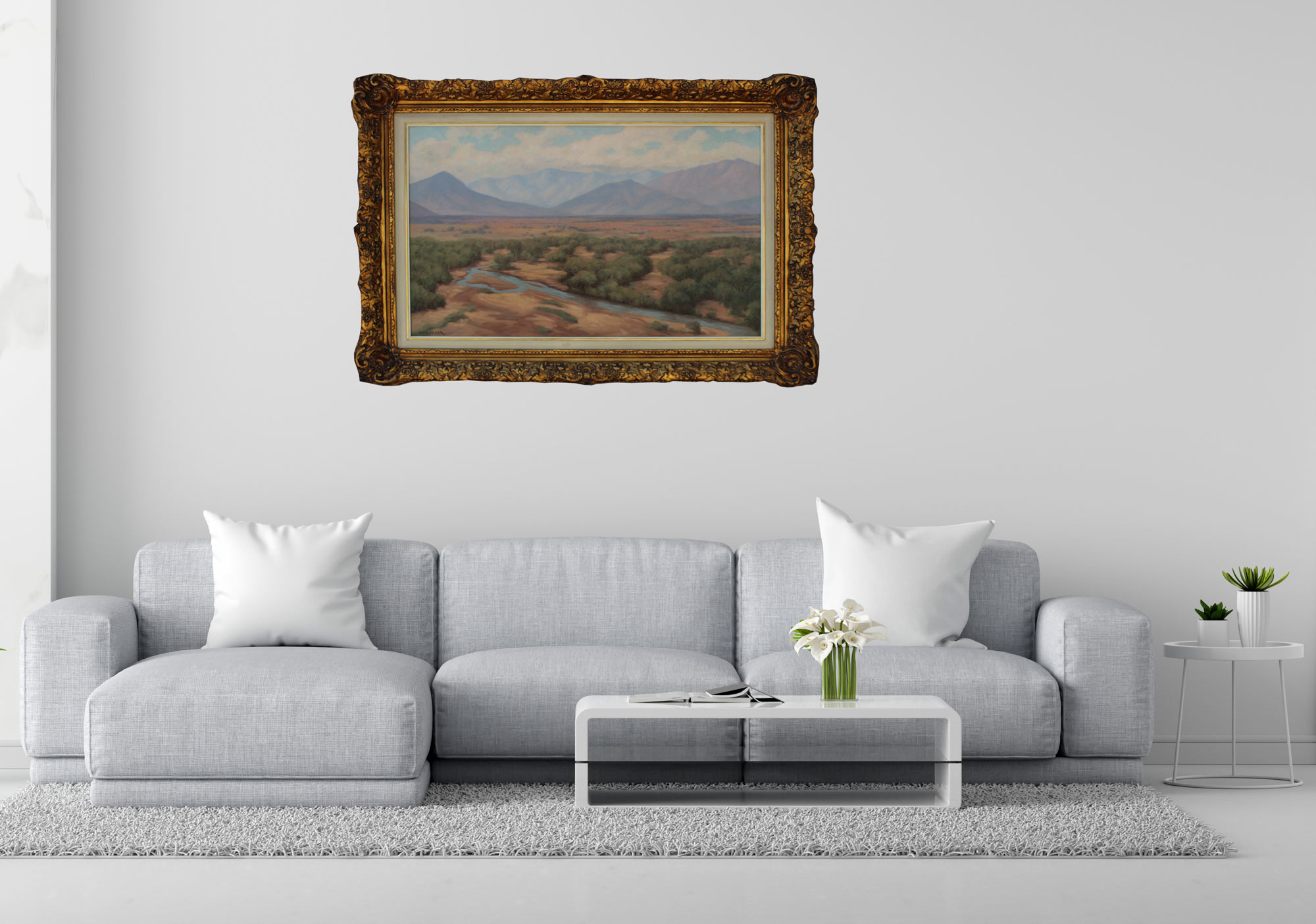Gray sofa in white living room with copy space, 3D rendering